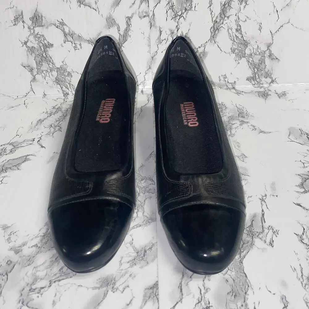 Munro Black Leather Jillian Patent Cap Toe Leather Heels Women's Size 6.5